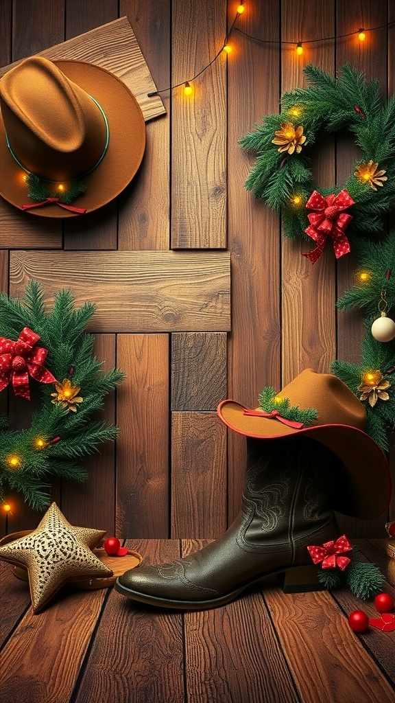 Western-themed Christmas background with rustic elements like boots, hats, and pine trees decorated for the holidays.